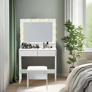 FurnitureR Schminktisch mit LED-Beleuchtung, Schminktisch, 3 Farben mit Einstellbarer Helligkeit, Schminktisch mit Spiegel Verstellbare Regale, Kosmetiktisch mit Hocker, 2 Schubladen, Modern (Weiß)