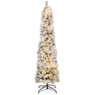 Costway Bleistift Weihnachtsbaum mit Schnee, Tannenbaum künstlich mit Beleuchtung, LEDs in warmweiß, & 8 Lichtmodi, schneebedeckter Christbaum schmal Grün+Weiß