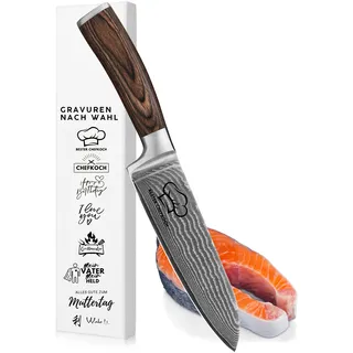 Wakoli EDIB Damastmesser Santoku Personalisiertes Geschenk I scharfe 17 cm Klinge aus 67 Lagen Damaststahl mit VG10 Kern und ergonomischen Griff aus Pakkaholz Vatertag Muttertag