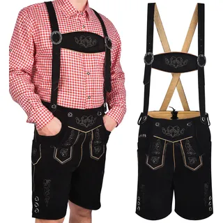 kurze Trachtenhose Herren Antik Deluxe Lederhose kurz mit Hosenträger, Größe: 56 Farbe: Schwarz - Schwarz
