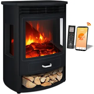 KESSER® Prio Elektrokamin mit Heizung Heizlüfter Fernbedienung WiFi App 950/1900 W Kamin elektrisch LED-Flammeneffekt Kaminfeuer Elektro mit Thermostat Panorama-Sichtfenster Heizfunktion Timer