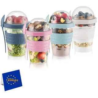 IDOBY Müslibecher to Go 4er-Set, Praktischer Joghurtbecher to go, Unterteilung für Joghurt & Müsli, Cornflakes to Go,%100 BPA-FREI, Perfekt für Schule und Büro, Obstbehälter, mit Löffel 600 ML