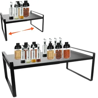 Erweiterbar Küchenregal Organizer 35-65cm Schrankregal Schwarz Küchenschrank Regal Faltbares Lagerregal aus Metall Stapelbarer Gewürzregal für Geschirr und Vorräte mehr Abstellfläche, Speisekammer