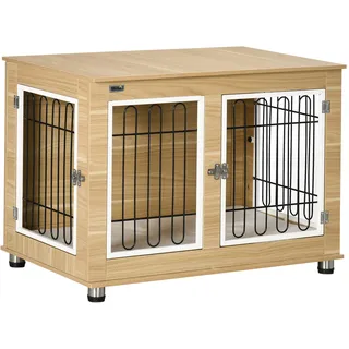 PawHut Hundekäfig, Hundehütte, Haustierkäfig mit 2 Verriegelungen für Mittelegroße Hunde, Hundebox mit Doppeltüren, Hundehaus, 90 x 58 x 65 cm - Hellbraun