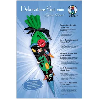 Ursus 990 00 05F - Dekorationsset mini Space Dino, 4 Bogen Bastelkarton 14 x 21 cm, zum Dekorieren einer Schultüte (Rohling nicht enthalten) beidseitig bedruckt, vorgestanzt, mit Satinband