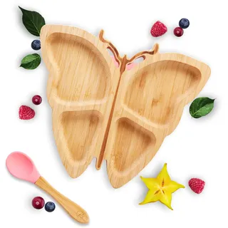 Kleiner Fuchs Hochwertiges Bambus Teller mit Saugnapf, Rutschfestem Saugnapf mit passendem Baby Löffel Macht Mahlzeiten Spaß, Bambus Geschirr Set mit Geschenkbox - Essenlernen mit Schmetterling Design