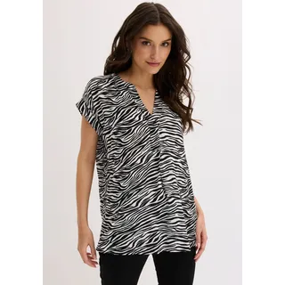 bonprix Tunika eleganter Look, Kurzarm-Design, Regular Fit, mit Henley-Kragen, schwarz, wollweiß zebra bedruckt
