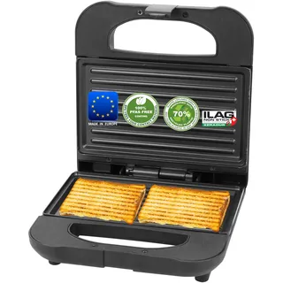 EMERIO Sandwichmaker Paninigrill | MADE IN EUROPE | BPA- & PFAS-freie Antihaftbeschichtung von ILAG (Xeradur 2) | hergestellt aus ca. 70% recyceltem Kunststoff - sehr nachhaltig | 700W | ST-130038