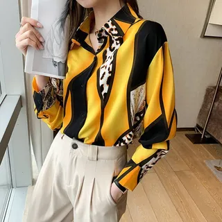 MIDJ Damen-Hemd Mit Knopfleiste,Damen Satin Seide Bluse Shirt Fashion Print Langarm Fashion Shirts V-Ausschnitt Business Shirt Mit Knopf Sexy Party Tops Lässige Arbeit Bürobluse Für Mädchen Damen