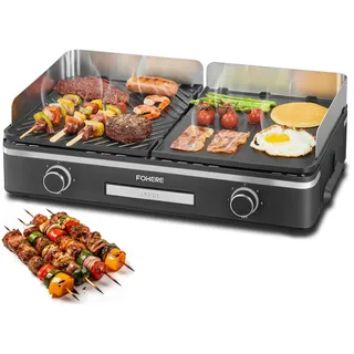 FOHERE Elektrogrill Tischgrill 2400W für Außen & Balkon - 2 Getrennt Regelbare Grillplatten (Glatt & Gerillt) - XL Antihaft Plancha Grill für Camping & Garten - Schnelles Aufheizen, Schwarz