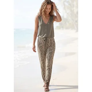 Overall BUFFALO, Damen, Gr. 36, N-Gr, bunt (khaki, sand bedruckt), Jersey, Obermaterial: 100% Viskose, bedruckt, figurumspielend lang, V-Ausschnitt, Overalls Overall, im 2-in-1-Look, sommerlicher Jumpsuit mit schmalem Bein, Topseller