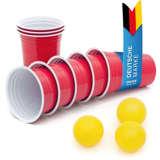 50 Stück Rote Partybecher; Wiederverwendbare Getränkebecher Red Cups Beer-Pong Saufbecher Trinkbecher 16 oz Kunststoff Party-Becher Plastikbecher; Set inkl. 3 Tischtennis-Bälle & Bierpong Anleitung