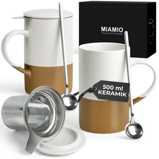 MIAMIO - Tee Tassen Set 2 x 500 ml mit Deckel und Sieb/Keramik Tee Becher mit Teeei und Löffel für die Zubereitung von losem Tee, Geschenke für Frauen - Mikrowellen- & Spülmaschinenfest (Braun)