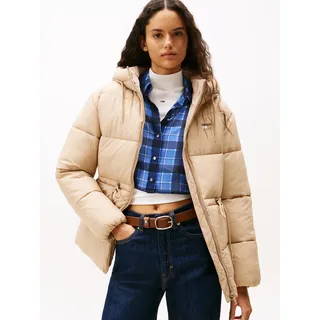 Steppjacke TOMMY JEANS "TJW HOODED MIDI PUFFER JACKET", Damen, Gr. L (40), beige (malted milk), Web, Obermaterial: 100% Nylon, unifarben, regular fit wadenlang, Jacken Steppjacke