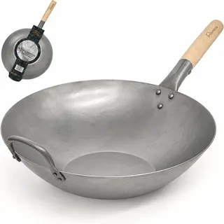Homira Wok 36 cm handgehämmert aus Karbonstahl mit flachem Boden und Holzgriff – traditionelle PFAS-freie Wokpfanne für alle Herdarten, Gas, Grill & Outdoor (Flacher Boden)