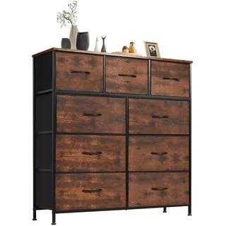 Sweetcrispy Kommode,Sideboard Wohnzimmer für Schlafzimmer mit 9 Stoffschubladen,Einstellbare Füße Schubladenschrank,Komodenschrank für Schlafzimmer,Modernes Braun