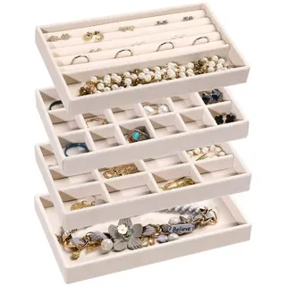 Ibenzoa® Schmuck-Organizer Set, 4-tlg. mit weichem Samt – 18 & 12 Fächer, 4 Ringschlitze, langes Fach + leeres Tableau, stapelbar & verstellbar, für Ringe und Ketten - Beige