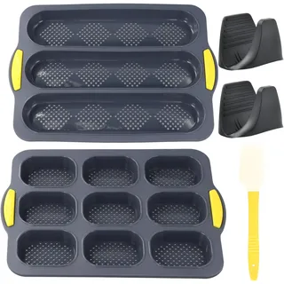Aohyue 2 Stück Brötchen Backform Set, Baguette Backform, Silikon Backformen für Brötchen und Baguette, Backblech mit 2 Isolationshandclip und 1 Silikonschaber, für Muffins, Brot