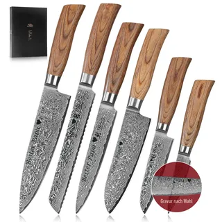 Wakoli EDIB Pro Damastmesser Set mit Gravur – Personalisiertes 6er Messerset, 20 cm, 17 cm, 16 cm, 11 cm & 8 cm Klingen aus 67 Lagen Damaststahl (VG10-Kern), Pakkaholzgriffe – in Geschenkbox