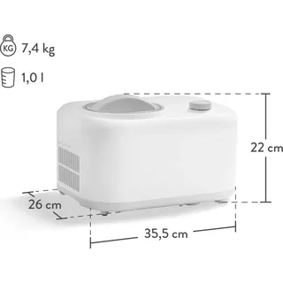 SPRINGLANE Eismaschine Eni 1 L mit selbstkühlendem Kompressor 100 W, Eiscremebereiter mit entnehmbarem Eisbehälter inkl. Eisbehälter für Speiseeis grau 4er-Set 400 ml - Weiß