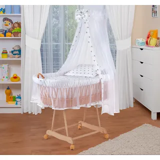 WALDIN Baby Stubenwagen-Set mit Ausstattung,XXL,Bollerwagen,komplett,weiß/Sterne grau,Gestell natur - Weiß