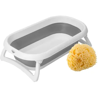 Bundle aus Rotho Babydesign Baby Badewanne Faltbar 2 Go, Für Babys ab 0 Monaten, 82 x 48,5 x 22 cm, Grau/Weiß, + Rotho Babydesign Mittelmeerschwamm, Naturprodukt, Durchmesser: 9-10 cm, Gelb