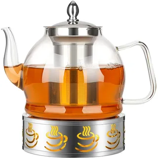 HEMOLY 1200ML Teekanne mit Stövchen aus Glas mit Siebeinsatz für Losen Tee & Teebeutel (1,2L)
