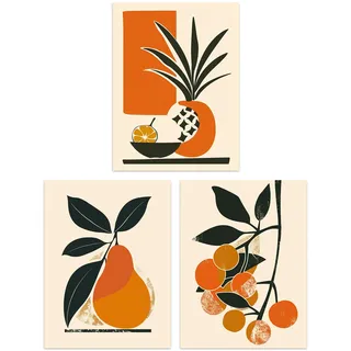 Wee Blue Coo Set of 3 Prints Summer Fruit Boho Mid Century Orange Kitchen Poster Wall Art 12X16
