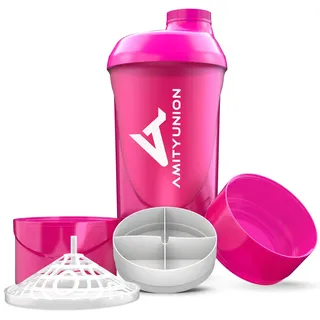 AMITYUNION Frauen Protein Shaker 700 ml Set - ORIGINAL Deluxe Eiweiss Shaker auslaufsicher - BPA frei mit Sieb und Skala für Cremige Whey Shakes, Gym Fitness Becher für Konzentrate in Pink Cup
