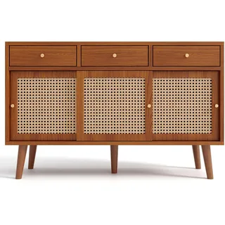 Flieks Sideboard Rattan Nussbaum 3 Schubladen 3 Türen 120cm Modern , Walnussfarben , Holzwerkstoff , 120x78x40 cm , Kleinmöbel, Kommoden, Sideboards