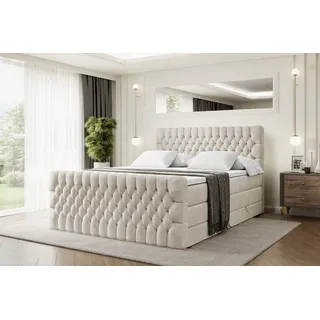 altdecor Boxspringbett mit Fußteil, 2 Matratzen und Topper - 140x200 cm - SERENE-Z KING - creme Samt - Polsterbett mit, H3- und H4- Matratzen, Bettkasten und Lattenrost, Bett mit Stauraum - Taupe