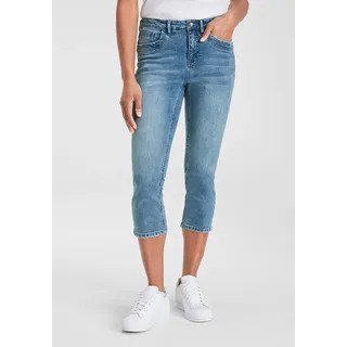 Caprijeans H.I.S, Damen, Gr. 38, N-Gr, blau (blau used 30), Denim/Jeans, Obermaterial: 98% Baumwolle, 2% Elasthan, schmal kniebedeckend, Jeans Caprijeans, schmale Beinform, krempelbare Beinabschlüsse, hohe Leibhöhe