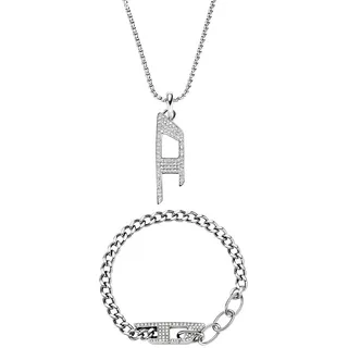 Diesel Herren D-Logo Silberfarbener Edelstahl Halskette und Armband, Set