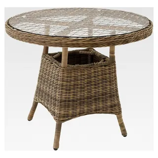 Alu Polyrattan Gartentisch, rund, wetterfest, großer Balkontisch mit Sicherheitsglasplatte, Rattan Tisch für Garten, Terrasse und Balkon, Ø 91 x 73,5 cm