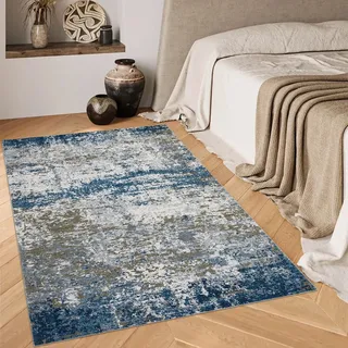 CAROMIO Waschbar Schlafzimmerteppich 80x150 cm, Abstracter Teppich für Wohnzimmer, Kurzflor Minimalistisch Bettvorleger Teppiche, Blau