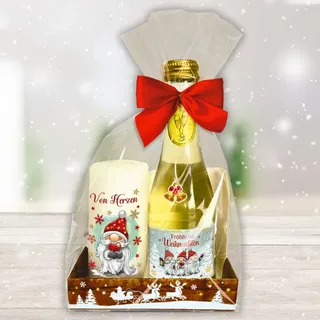 Hochwertiges Geschenkset zu Weihnachten - Piccolo Beerenperlwein Wichtel "Fröhliche Weihnachten" mit Kerze "Von Herzen" - Secco Sekt und Stumpenkerze Weihnachtskerze mit Weihnachtsmann Wichtel Motiv