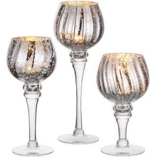 NUPTIO Teelichthalter Glas Quecksilber Teelichter: Große Kerzenständer | 3er Silberne Kerze Halter Glas Langen Stamm Säule Tisch Tafelaufsatz für Hochzeit Partei Weihnachten