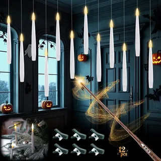 Rhytsing 12er schwebende LED Kerzen mit Zauberstab für Halloween Deko, LED Christbaumkerzen Kabellos mit Timer und 12 Klammern inklusive -H 15,5cm