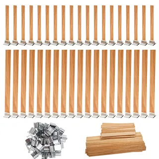 BEELUKY 100 Stück Holzdochte für Kerzen Kerzendocht Holz mit 50 Eisenständer Holzkerzendocht Rauchfreie Umweltfreundliche Kerzen Machen Holzdocht Zuschneidbare für DIY Kerzenprojekte