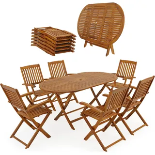CASARIA® Gartenmöbel Set Holz Wetterfest Klappbar 7-tlg. Schirmständer Armlehnen Garten Balkon Terrasse 160x85cm Akazie Braun - Braun