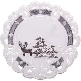 Quinnyshop Weihnachtsdeckchen - Bestickt mit Hirsch und Tanne Motiv Leinenoptik Polyester Grau-Weiß ca. 20 cm Rund