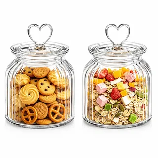 HomeyHoney Deko Glas mit Herzförmig Deckel, Candy Bar Gläser 2er Set | Runde Vorratsgläser mit Niedlich Deckel Küche als Spaßglas, Bonbonglas für Süßigkeiten, Kaffee, 650 ml, Streifen Textur