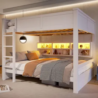 Merax 160x200cm Etagenbett, mit 6 Stauraumschränken, LED-Licht, Massivholz, Kinderbett, Stockbett, Jugendbett, Weiß - Weiß