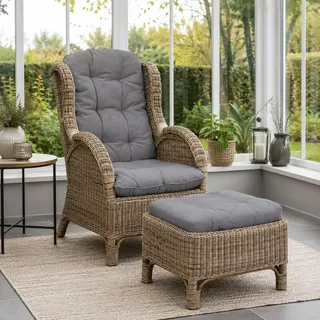 Rattan Relaxsessel mit Fußhocker inklusive Sitzpolster Dunkel Grau - Dunkelgrau