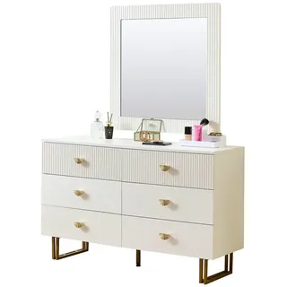 Stilvora Sideboard in Weiß Kommode mit Wandspiegel für Wohnzimmer, Flur und Schlafzimmer, B120/T40/H75 cm , Metall , 6 Schubladen , Rechteckig,Rechteckig , Kufe , 120x75x40 cm , Kleinmöbel, Kommoden, Sideboards