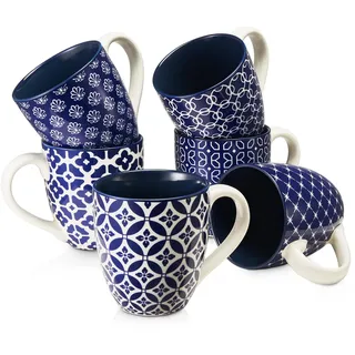 DOWAN Kaffeetassen Set, 6 x 560 ml Kaffeebecher Porzellan, Große Tassen im Chinesischen Traditionellen Musterstil für Kaffee, Milch, Tee & Kakao, Coffee Mug Blau und weiß