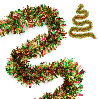 G2PLUS 10M Weihnachtsbaum Girlande Glitzer: 9cm Weihnachtsgirlande Lametta, Rot Grün Gold Weihnachten Deko Girlande für Weihnachten, Weihnachtsbaum Dekorieren