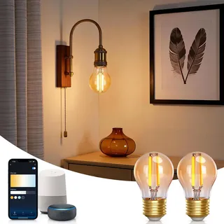 Aigostar Alexa Glühbirne E27, Smart LED Vintage Lampe, Smarte Glühbirne G45 Bernstein Globe, 4.5W 470LM, Warmweiß Dimmbar 2700K -6500K, Kompatibel mit Alexa und Google Home, 2 Stücke