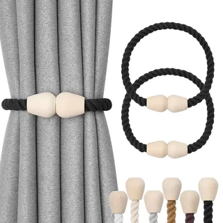 Pretty Jolly Fallen Lassen magnetische Vorhang-Raffhalter aus Holz, Boho-Dekoration, Raffhalter, natürliche Baumwolle, handgewebt, für Fenstervorhänge für Zuhause und Büro, Schwarz, 2 Stück