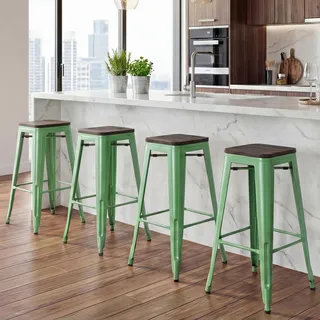 4er-Set Barhocker HWC-A73 inkl. Holz-Sitzfläche, Barstuhl Tresenhocker, Metall Industriedesign stapelbar grün - Grün